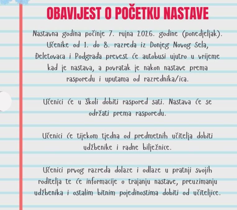 Obavijest za roditelje i učenike o početku šk. god. 2026./2027.